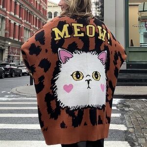 Dressed In LALA Leopard Print MEOW Cat Sweater